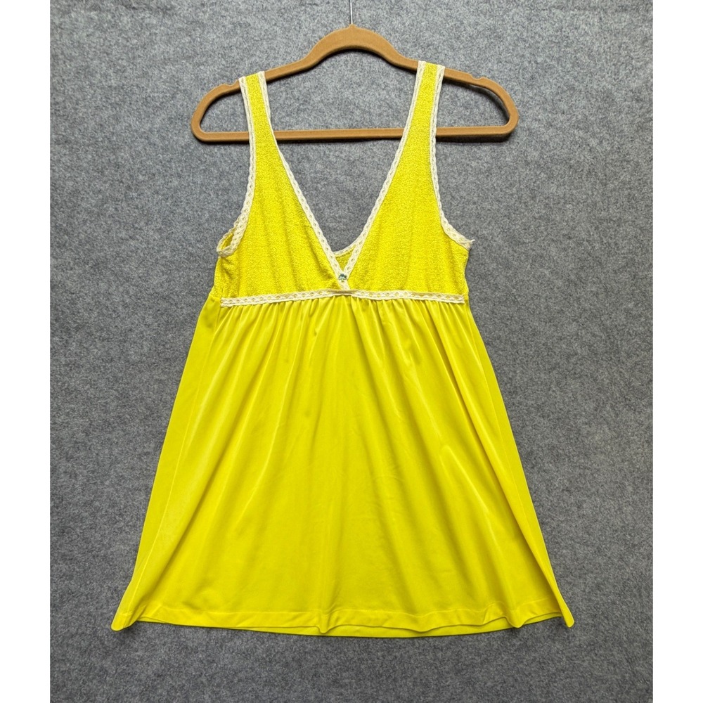 Vintage Yellow Nylon Babydoll Nightgown Lace Trim Empire Waist Chemise Large 60s - Picture 1 of 9
